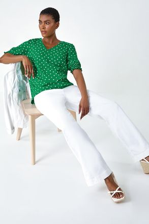 Roman Polka Dot Shirred V-Neck Top