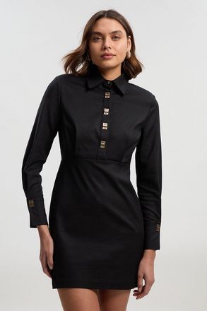 Karen Millen Womens Techno Cotton Gold Clasp Detail Long Sleeve Woven Mini Dress - Black - Size 10 UK