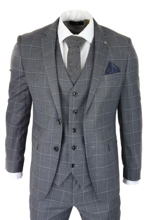 PAUL ANDREW Mens Grey Suit 3 Piece Check Vintage Retro Smart Wedding Classic Tailored Fit - Size 38 (Chest)
