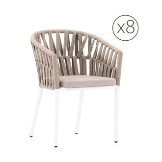 Kerama Pack de 8 sillas de jardin de aluminio blanco y cuerda beige con coj&iacute;n