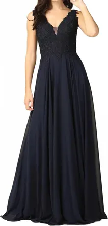 EVA Long Sleeveless Formal Evening Elegant Dress In Navy