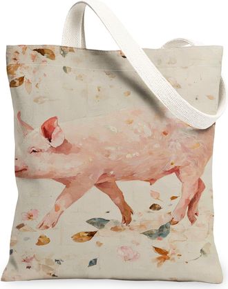 Generic Vintage Artistic Canvas Tote Bags, Pigs Floral Pattern Reusable Grocery Bags, Lightweight Washable Shoulder Strap Canvas Fo, Beige, 13x15 Inch