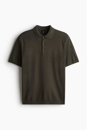 H&M Feinstrick-Poloshirt in Regular Fit - Dunkles Khakigr&uuml;n