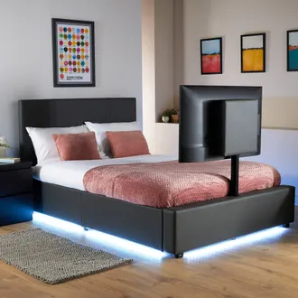 X Rocker AVA Upholstered TV Bed with Underbed Storage & LED Lights in Grey | Size: Single