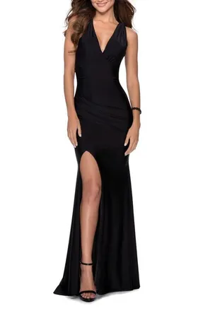 La Femme Sleek Prom Dress with Deep V-Neckline and Tie Back in Black at Nordstrom, Size 10