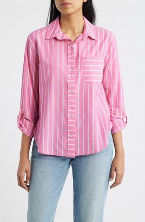 Beach Lunch Lounge Campbell Directional Stripe Long Sleeve Cotton Blend Button-Up Shirt in Geranium at Nordstrom, Size Small