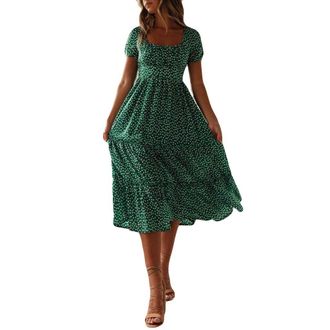 Generic Floral Dresses for Women UK, Puff Sleeves Square Neck Midi Floral Dresses, Ladies Flowy Chiffon Casual Beach Holiday Sundress Maxi Dress for Women UK 