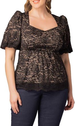 Kiyonna Winsome Puff Sleeve Lace Top in Black/Nude at Nordstrom, Size 1 X