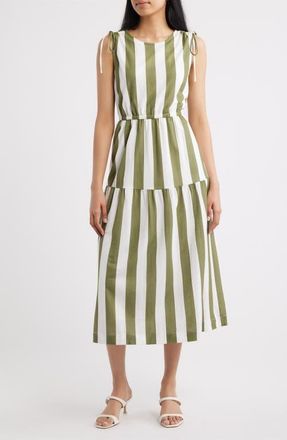 Bobeau Stripe Sleeveless Midi Dress in Sphagnum/Ivory Stripe at Nordstrom, Size X-Large