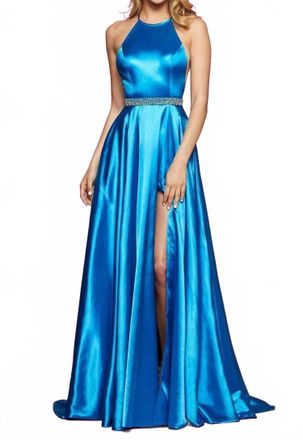Sherri Hill Beaded Halter Neck A-Line Maxi Dress In Teal
