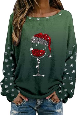 Generic Christmas Jumpers for Women Elf Shirts Funny Gnome Doll Print Pullover Cute Long Sleeve Crewneck Hoodies Ladies Christmas Sweatshirt Tops Xmas Loose P