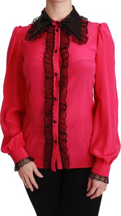Dolce & Gabbana Pink Silk Black Sequin Lace Shirt Womens Blouse