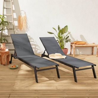 Sweeek Set Of 2 Multi-position Aluminium Sun Loungers With Wheels in Black