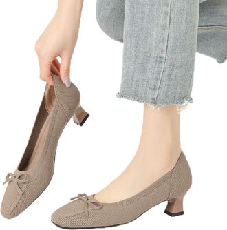 Generic Khaki Ladies Casual Heels Featuring Bow Knitted Toe and Thick Heel Detail Shallow Mouth for Everyday Outfits and Ankle Care