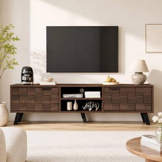 Merax Mid-Century 160.5cm TV Stand with Textured Checkerboard Doors in Natural