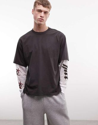 HUF Leon - T-shirt a maniche lunghe a doppio strato nera e bianca-Nero