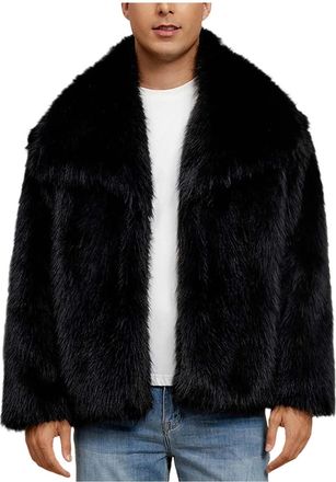 Generic Faux Fur Coat Men Fluffy Cardigan Warm Winter Jackets for Men Luxury Faux Furry Coats Solid Color Shaggy Thicked Coat Plush Open Front Cardigans Turn-