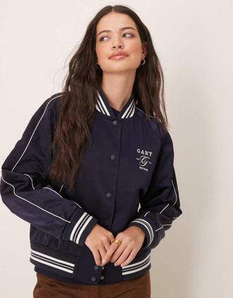 GANT Womens satin logo varsity bomber jacket in navy - Blue - Size X-Small