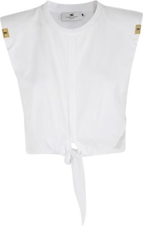 Elisabetta Franchi Knot T-shirt - Dames - Tops zonder mouwen - Wit - L - Katoen - Tops