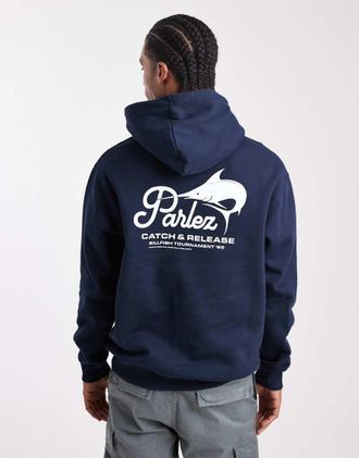 Parlez Clothing Felpa con cappuccio blu con logo e grafica con pesce sul retro-Blu navy