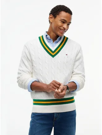 Tommy Hilfiger Mens Relaxed Fit Cable Knit Cricket Sweater - Ecru - M