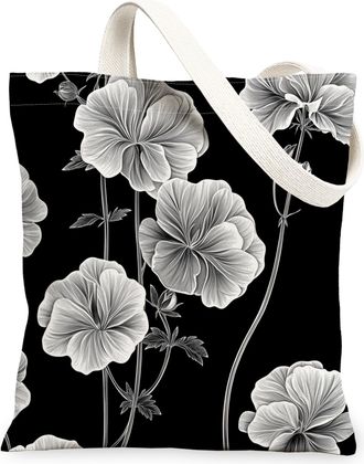 Generic Spring Geranium Flower Canvas Tote Bag for Shopping 13x15, Black Floral Wildflower Reusable Grocery Print Bag for Women, Aesthetic Retro Beach Aesthet