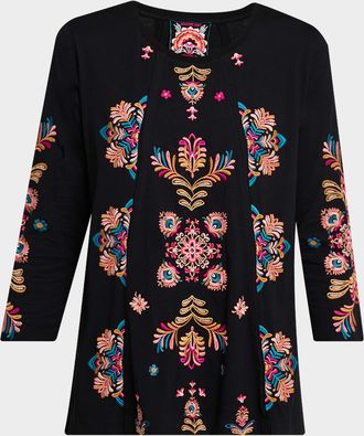 Johnny Was Floral-Embroidered Cotton Swing T-Shirt