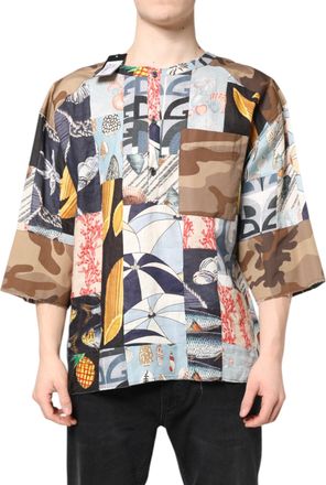 Dolce & Gabbana Mens Multicolor Patchwork Short Sleeves Shirt Flax Cotton Silk