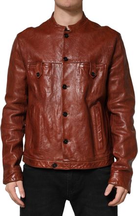 Dolce & Gabbana Brown Leather Button Down Men Biker Jacket Clothing