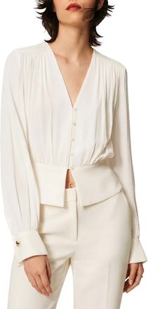 Twin-Set Deep V-Neck Pleated Long-Sleeve Blouse