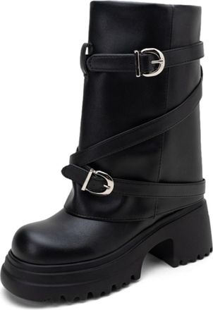 Generic Womens Chunky Heel Round Toe Faux Leather Mid Calf Boots With Buckle Strap Platform Comfortable Slip Resistant Wear Resistant For Fashion Leisure Part