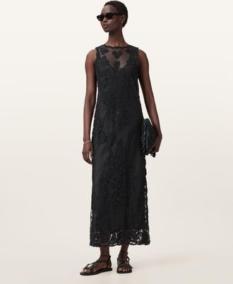 AllSaints Polyester Rye Embroidered Maxi Dress, Size: UK 16/US 12