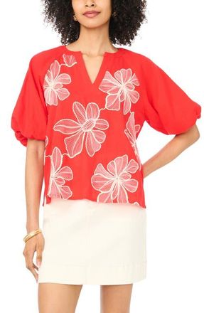 Vince Camuto Puff Sleeve Floral Print Peasant Top in Lobster Red at Nordstrom, Size Xx-Small