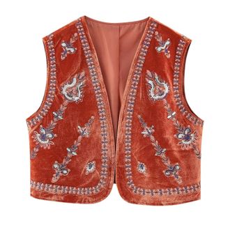 Generic Women Vintage Floral Embroidered Vest Y2k Sleeveless Open Front Waistcoat Boho French Short V Neck Beaded Embroidered Velvet Vest Top