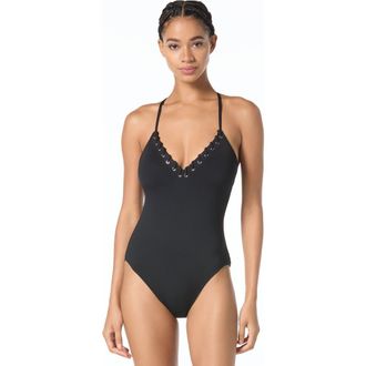 Michael Kors Laced Grommets Cross Back One-Piece Swimsuit in Black at Nordstrom, Size 12