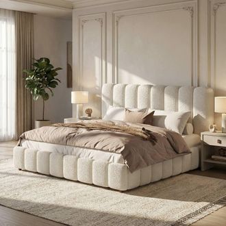 Merax 5ft King Size White Boucl&eacute; Upholstered Ottoman Bed