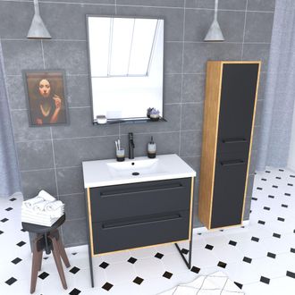 Aurlane Aurlane - Mueble De Ba&ntilde;o 80x50cm - Lavabo Blanco 80x50cm - Cajones + Columna + Espejo