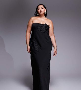 Asos Curve ASOS DESIGN Curve - Vestito al polpaccio nero a fascia con fiori applicati