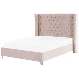 Beliani Cama Con Somier De Terciopelo Rosa Pastel Plateado 160 X 200 Cm Listones Lubbon