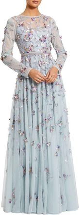 Mac Duggal Long Sleeve Floral Embellished Evening Gown in Seafoam Multi at Nordstrom, Size 14