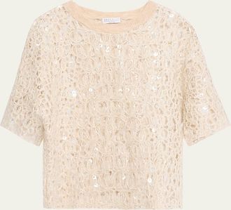 Brunello Cucinelli Wool-Cashmere Sequined Open-Knit Short-Sleeve Sweater