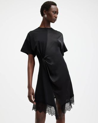 AllSaints Lana lace trim mini dress in black