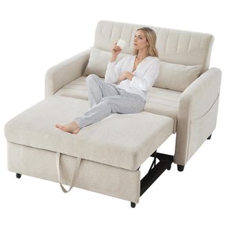 STILVORA Sof&aacute; Convertible 2 Plazas En Algod&oacute;n Lino Con Respaldo Ajustable 3 Posiciones Y 2 Cojines Multifuncionales, Beige
