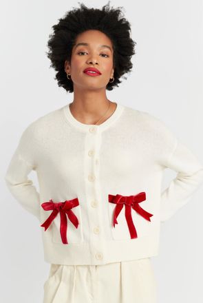Chinti and Parker Cream Merino Wool Velvet Bow Cardigan