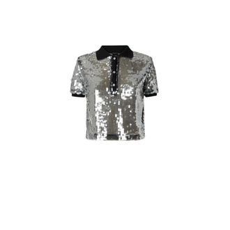 Pinko Pinko, Tops, Dames, Grijs, S, Polyester, Sequin Mesh Polo Top