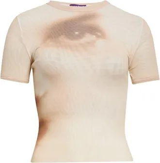 Jean Paul Gaultier Face Print Crop Mesh Baby Tee in Beige at Nordstrom, Size X-Small