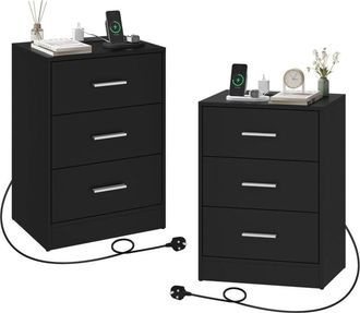 Woltu 2x Simple 3-Drawer Nightstand Side Table with Charging Station for Living Room/Bedroom,Black - Woltu