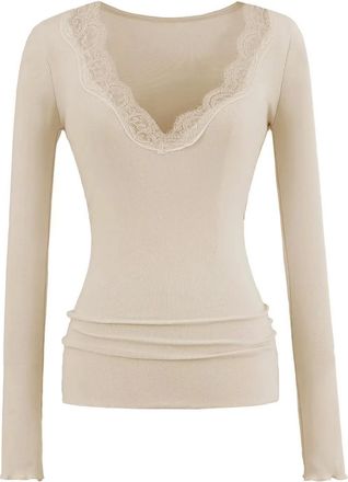 Generic Lace Sexy Womens Tops V Neck Long Sleeve Thermal Basic Base Layer Lightweight Underwear Jumpers Ladies Slim Fit Shirts Solid Color Tunic Top Fitted La