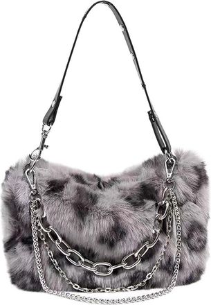 Generic Womens Plush Bags Faux Fur Leopard Shoulder Bag Womens Autumn Winter Chain Handbags Ladies Print Clutch Purses Fluffy Top Handle Bags(Grey)