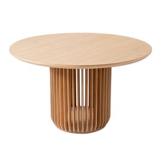Woodek Mesa de comedor redonda de roble macizo di&aacute;m 130 cm, beige mate